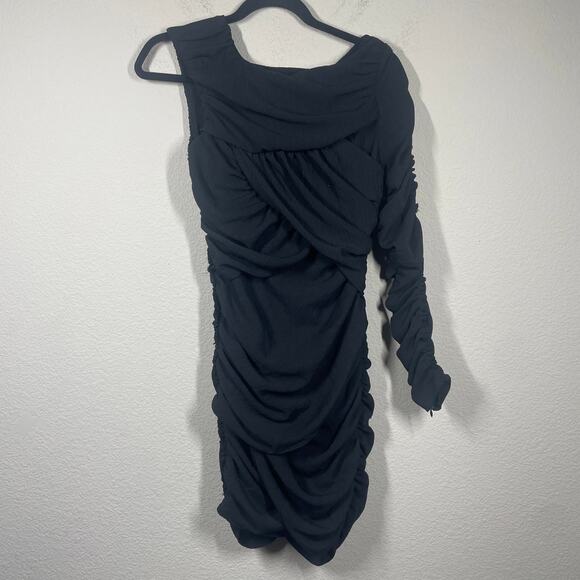 Zara Size XS Draped Ruched Sheath One Shoulder Dress Mini Black Long Sleeves - Picture 4 of 12